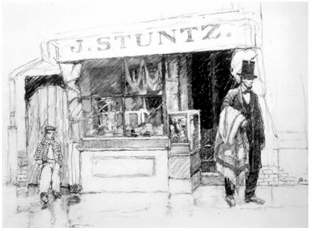 Illus. 8. Charcoal on paper sketch of the toy shop by Schoonover