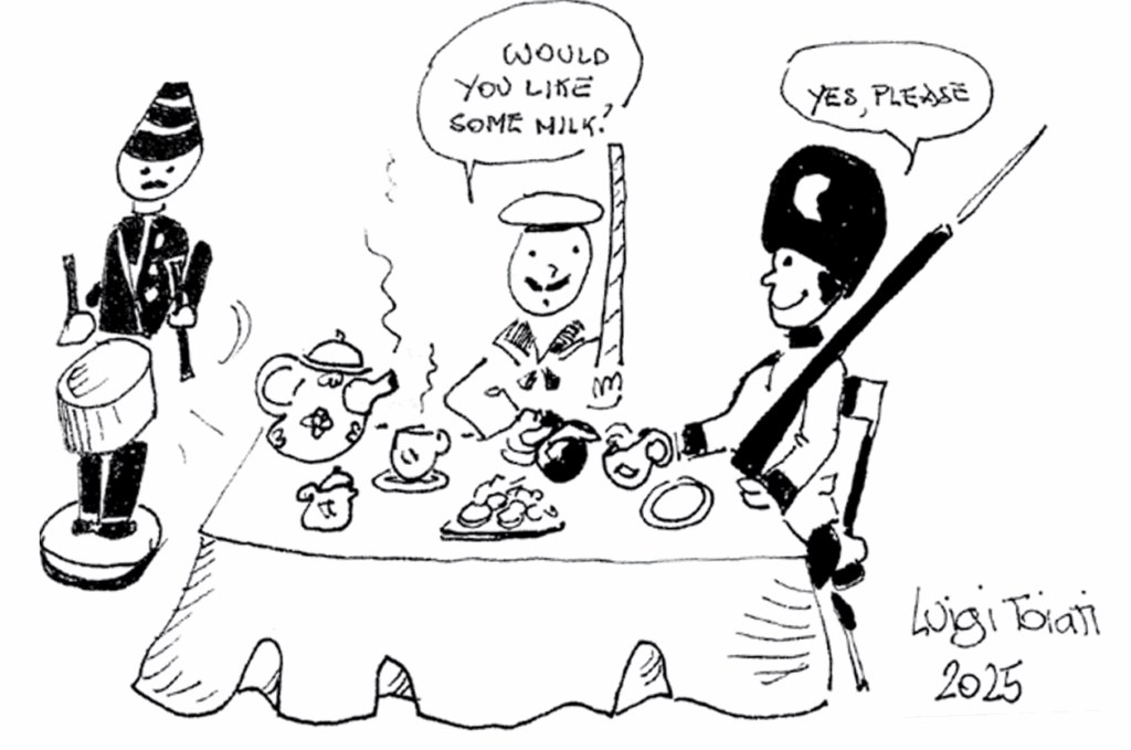 Luigi illustration of figures at dinenr table
