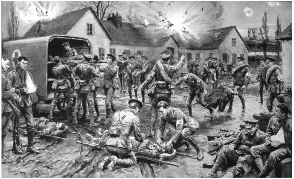 Contemporary magazine print of a First World War RAMC clearing station in action.