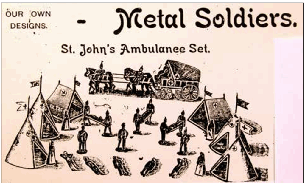 Catalog/advertising illustration of the Turnbull Charterhouse St. Johns Ambulance set.