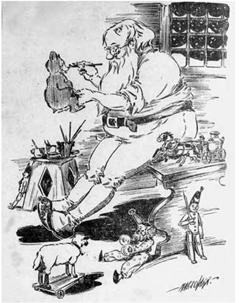 Early twentieth century cartoon of Mr. Stuntz working on his toys.